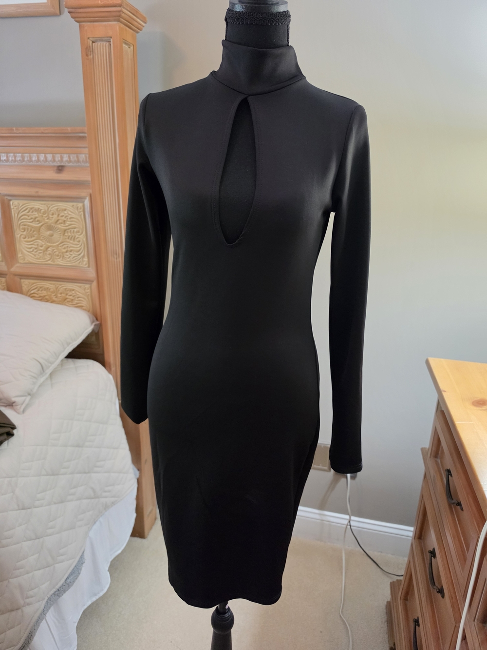Black Long-Sleeve Keyhole Turtleneck Dress